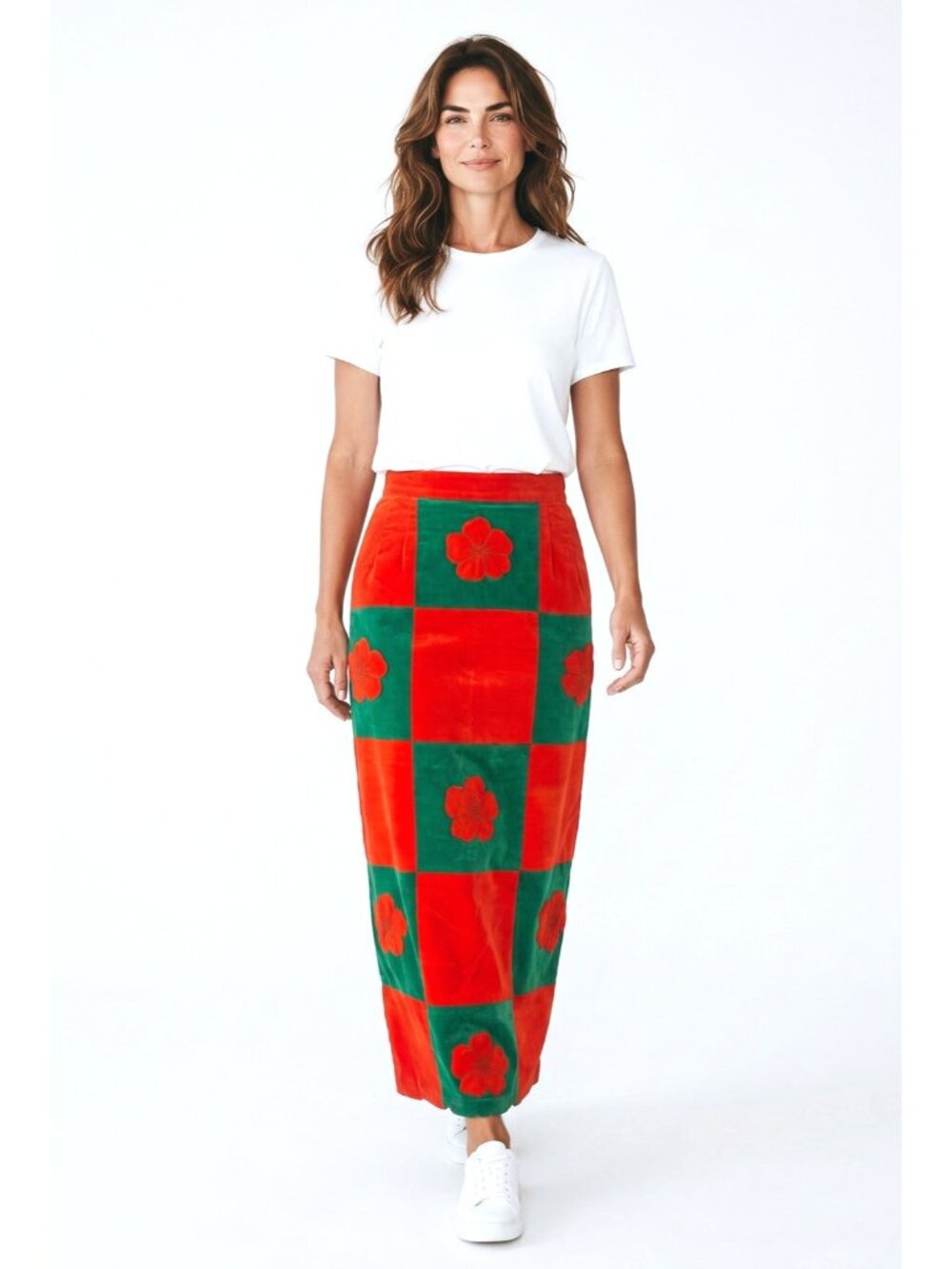 1960s vtg hand made in Hawaii floral patchwork velvet maxi pencil skirt M/S